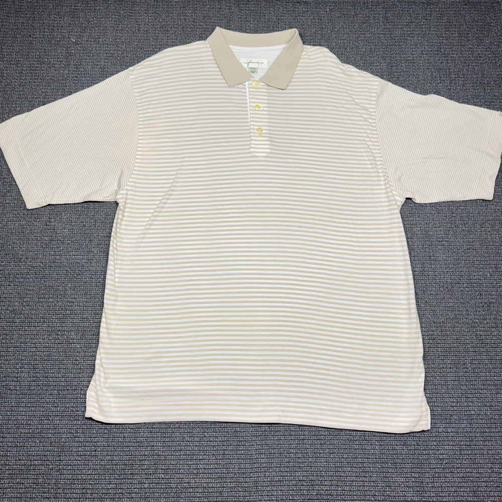 Cutter & Buck Mens XL Pima Cotton Striped Polo Shirt Tan White Short Sleeve 9166